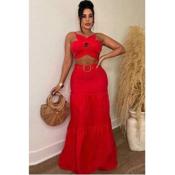 Two-Piece Red Maxi Skirt & Bow Crop Top Set With Belt M Polyester/Spandex Blend - Picture 1 of 7
